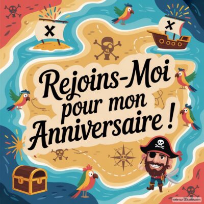 Invitation anniversaire virtuelle pour enfants sur fond de carte au trésor avec pirate, perroquets et coffre.