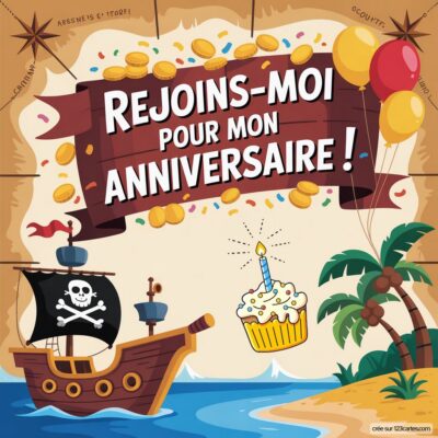 Invitation anniversaire virtuelle pour enfants sur le thème des pirates, avec un bateau, une île, un gâteau et des ballons colorés.