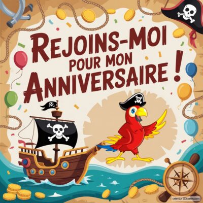 Invitation d'anniversaire virtuelle pour enfants sur le thème des pirates, avec un perroquet coloré et un bateau.