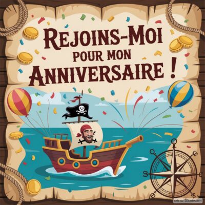 Invitation anniversaire virtuelle sur le thème des pirates, avec un bateau, un pirate joyeux et des ballons colorés.