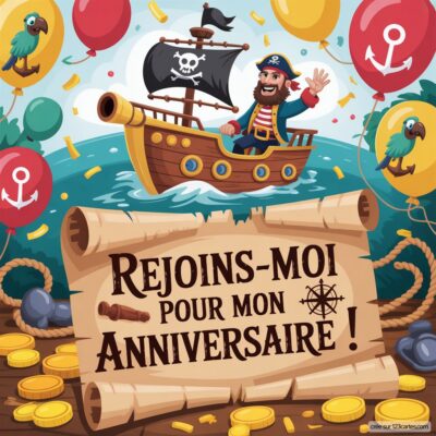 Invitation d'anniversaire virtuelle pour enfants, thème pirates : un pirate souriant sur un bateau avec des ballons, pièces d'or et rouleau.