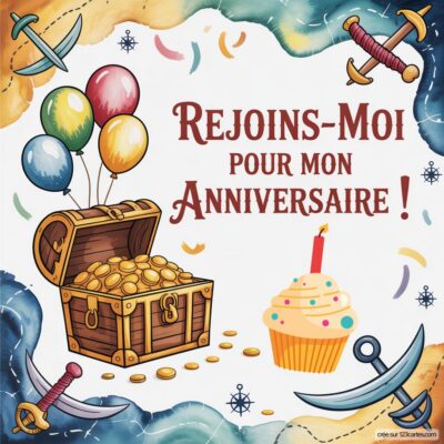 Invitation anniversaire virtuelle pour enfants avec un coffre au trésor rempli de pièces d'or, un gâteau et des ballons colorés.