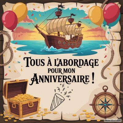 Invitation d'anniversaire virtuelle sur le thème des pirates, avec un bateau, un trésor et des ballons colorés.