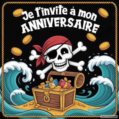 Invitation d'anniversaire pour enfants sur le thème des pirates, avec un crâne souriant, un trésor et des pièces d'or.