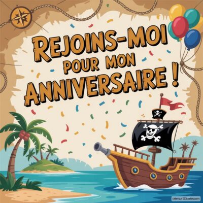 Invitation d'anniversaire virtuelle sur le thème des pirates avec un bateau pirate, des ballons et des palmiers.