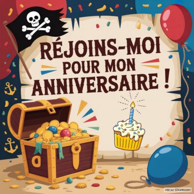 Invitation d'anniversaire virtuelle sur le thème des pirates, avec un coffre au trésor, un gâteau et des ballons colorés.