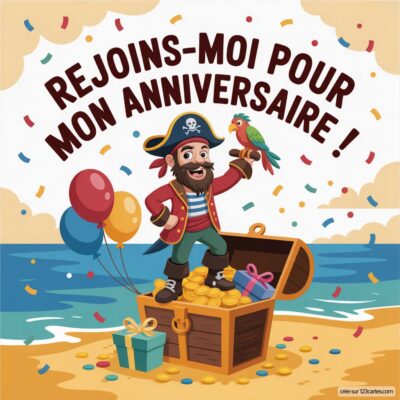 Invitation anniversaire virtuelle pour enfants sur le thème des pirates, avec un pirate joyeux et un trésor sur la plage.
