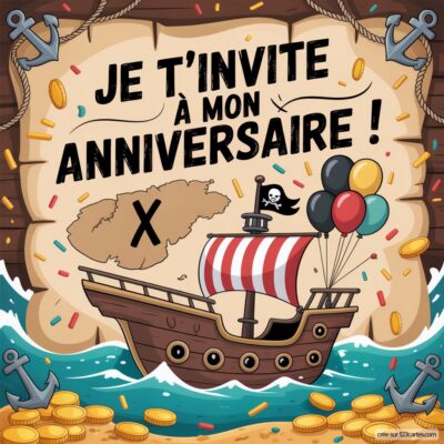 Invitation anniversaire virtuelle pour enfants sur le thème des pirates, avec un bateau, des pièces d'or et des ballons colorés.