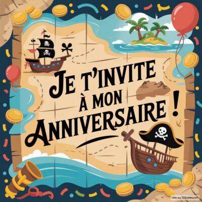 Invitation colorée pour un anniversaire sur le thème des pirates, avec une carte au trésor, des navires et des ballons.