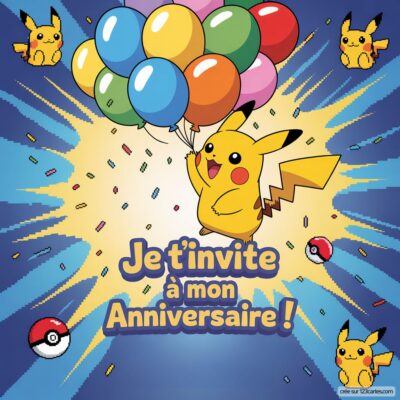 Invitation anniversaire virtuelle pour enfants avec Pikachu tenant des ballons colorés, décorée de Pokéballs et de confettis.