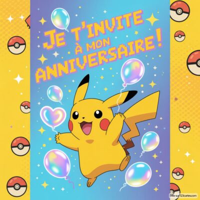 Invitation virtuelle d'anniversaire avec Pikachu joyeux tenant des ballons et le texte « Je t'invite à mon anniversaire ! » en fond coloré.
