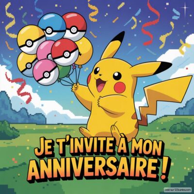 Pikachu tient des ballons Pokéball devant un paysage coloré avec des confettis, invitant à un anniversaire Pokémon.