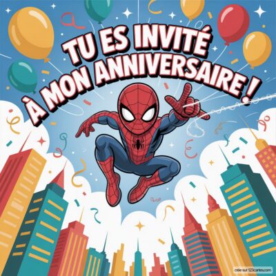 Invitation d'anniversaire virtuelle sur le thème Spider-Man avec des ballons colorés et un arrière-plan urbain festif.