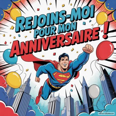Invitation d'anniversaire virtuelle pour enfants avec Superman volant au-dessus de gratte-ciels, décorée de ballons colorés.