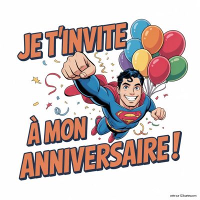 Invitation d'anniversaire virtuelle pour enfants sur le thème Superman, avec des ballons colorés et le texte « Je t'invite à mon anniversaire ! ».
