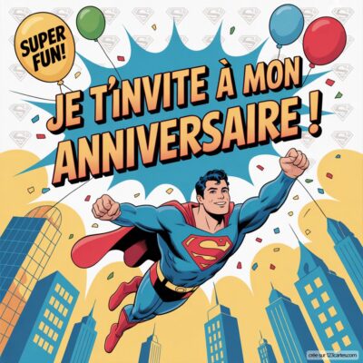 Invitation d'anniversaire virtuelle pour enfants sur le thème Superman, avec Superman volant au-dessus de la ville et des ballons.
