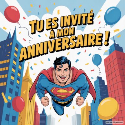 Invitation d'anniversaire virtuelle pour enfants avec Superman, fond urbain, ballons colorés et texte festif « Tu es invité à mon anniversaire ! »