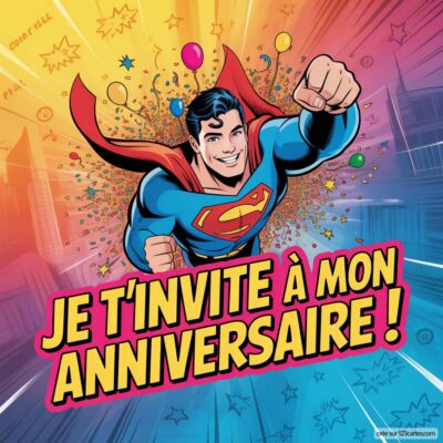 Invitation anniversaire virtuelle pour enfants avec Superman souriant, entouré de confettis et de ballons colorés.