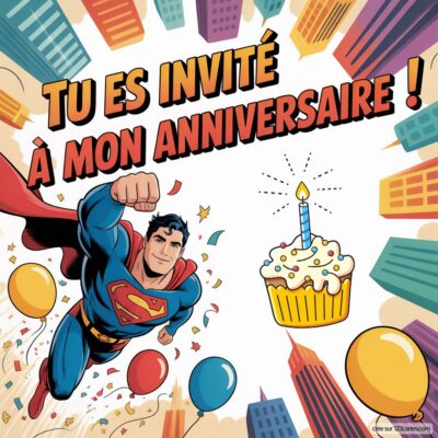Invitation anniversaire virtuelle pour enfants, thème Superman : super-héros volant avec gâteaux et ballons colorés en arrière-plan.