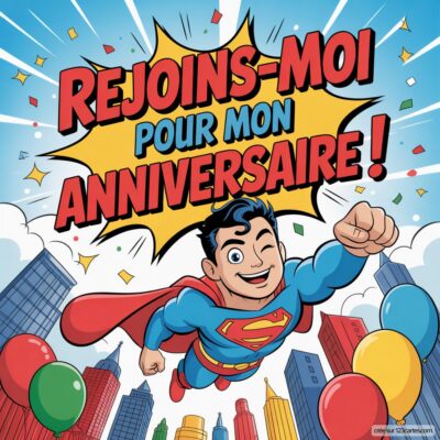 Invitation anniversaire virtuelle pour enfants : Superman souriant vole au-dessus de gratte-ciels, avec des ballons colorés et le texte « Rejoins-moi pour mon anniversaire ! »