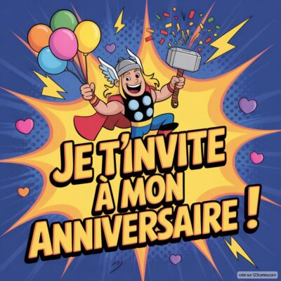 Illustration colorée d’un super-héros avec un marteau, des ballons et le texte « Je t’invite à mon anniversaire ! » en fond joyeux.