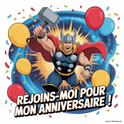 Invitation anniversaire virtuelle pour enfants sur le thème de Thor, avec un personnage en costume brandissant un marteau, entouré de ballons.