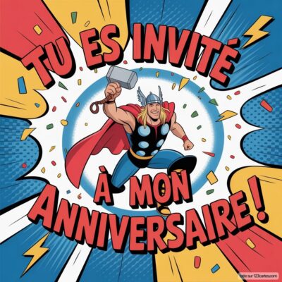 Invitation d'anniversaire virtuelle pour enfants sur le thème de Thor, avec un super-héros brandissant son marteau sous un fond coloré.