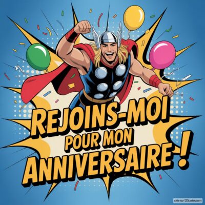 Invitation d'anniversaire virtuelle pour enfants avec Thor, décorée de ballons colorés et d'effets festifs, texte en gros caractères.