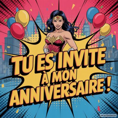 Invitation anniversaire virtuelle pour enfants sur le thème Wonder Woman, avec un fond coloré et des ballons.