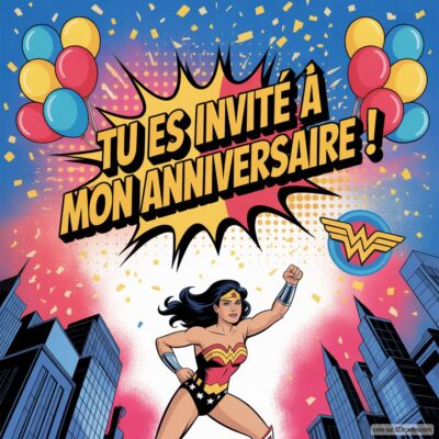 Invitation d'anniversaire virtuelle pour enfants, sur fond coloré avec Wonder Woman, ballons et texte « Tu es invité à mon anniversaire ! »