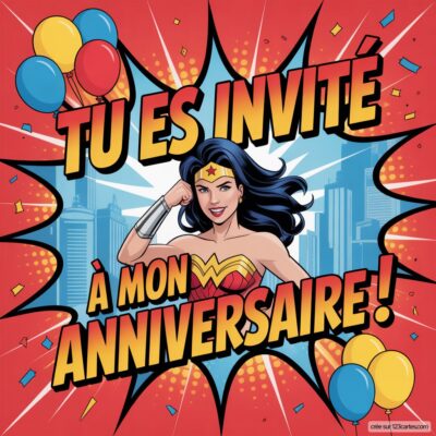 Texte ALT : Invitation d'anniversaire virtuelle sur le thème Wonder Woman, avec des ballons colorés et le texte « Tu es invité à mon anniversaire ! » en fond.