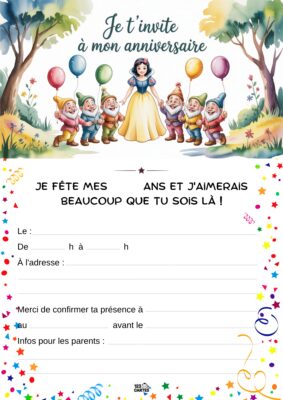 Invitation d'anniversaire avec Blanche-Neige et sept nains, décorée de ballons et de confettis, espace pour les détails de l'événement.