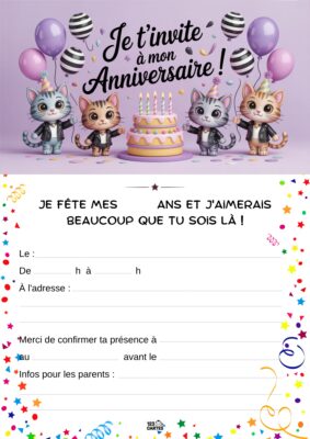 Carton d'invitation d'anniversaire avec trois chats mignons portant des bonnets, des ballons et un gâteau au centre.