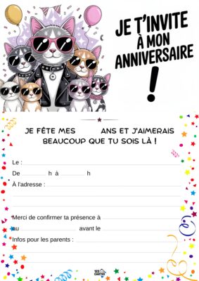 Invitation d'anniversaire pour fille, avec un chat en costume et plusieurs chats aux lunettes de soleil. Couleurs vives et joyeuses.