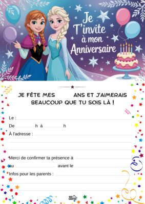Elsa et Anna de La Reine des Neiges sourient, entourées de ballons et d'un gâteau d'anniversaire, avec un fond festif.