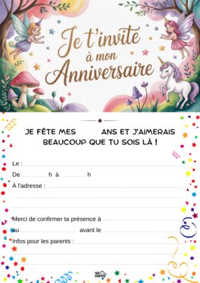 Carton d'invitation d'anniversaire avec des fées, un licorne et des étoiles colorées. Texte sur fond clair.