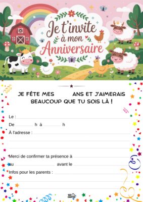 Carton d'invitation d'anniversaire avec un paysage de ferme, des animaux et des espaces pour les informations de l'événement.