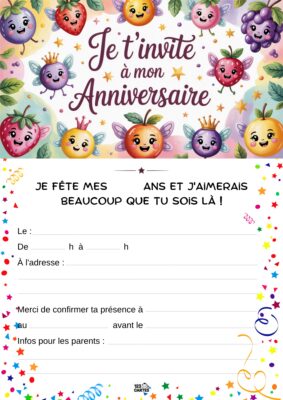 Invitation d'anniversaire avec des fruits et des visages souriants, décorée de fleurs et d'étoiles multicolores.