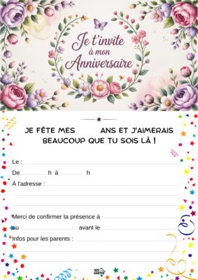 Invitation d'anniversaire avec un cadre floral en haut et des confettis en bas, mentionnant les détails de l'événement.