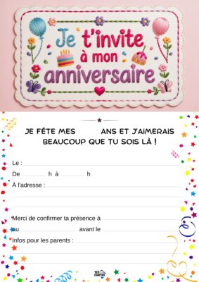 Carte d'invitation d'anniversaire avec des gâteaux, des ballons et des étoiles, texte style broderie sur fond rose.