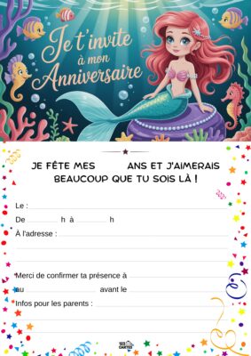 Une sirène aux cheveux rouges, entourée de poissons et de coraux, avec un texte festif en haut et un formulaire en bas.