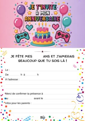 Invitation d'anniversaire avec un gâteau à trois étages, des ballons et des manettes de jeux vidéo. Zone pour informations.