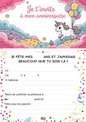 Carte d’invitation d'anniversaire avec un unicorn, des ballons, des gâteaux et des confettis sur un fond pastel.