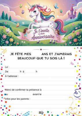 Une licorne avec une crinière pastel se tient devant un château, entourée de fleurs et de papillons, sur un fond ensoleillé.