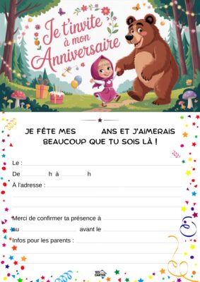 Masha et Michka et des éléments festifs entourent le texte d'invitation à un anniversaire avec des confettis en bas.