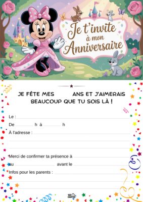 Minnie Mouse souriante, entourée d’animaux, sur un fond de fleurs avec le texte d’invitation à un anniversaire.
