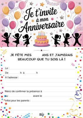 Invitation d'anniversaire avec des ballons, un gâteau et des silhouettes dansantes, texte festif au-dessus.