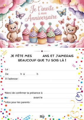 Un fond avec des oursons entourés de gâteaux d'anniversaire et des détails festifs.