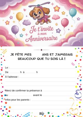 Invitation d'anniversaire Pat'patrouille, décorée de ballons et d'étoiles, espaces pour détails de l'événement.