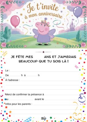 Carton d'invitation d'anniversaire Peppa pig, décoré de ballons et d'éléments festifs.